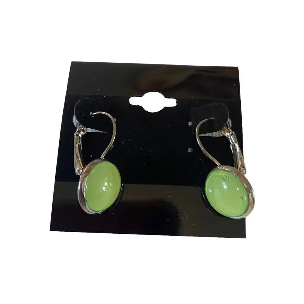 Beautiful Shade of Luminescent Green & Silver Toned Vintage Huggie Hoops.